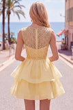 Yellow A-Line Round Neck Tiered Short Homecoming Dress with Pearls