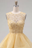 Yellow A-Line Round Neck Tiered Short Homecoming Dress with Pearls