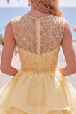 Yellow A-Line Round Neck Tiered Short Homecoming Dress with Pearls
