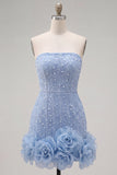 Strapless Blue Bodycon Pearls Homecoming Dress with 3D Flowers