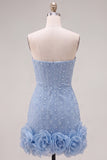 Strapless Blue Bodycon Pearls Homecoming Dress with 3D Flowers