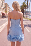 Strapless Blue Bodycon Pearls Homecoming Dress with 3D Flowers
