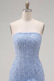 Strapless Blue Bodycon Pearls Homecoming Dress with 3D Flowers