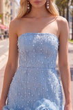 Strapless Blue Bodycon Pearls Homecoming Dress with 3D Flowers