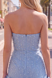 Strapless Blue Bodycon Pearls Homecoming Dress with 3D Flowers