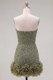 Strapless Blue Bodycon Pearls Homecoming Dress with 3D Flowers
