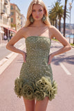 Strapless Blue Bodycon Pearls Homecoming Dress with 3D Flowers