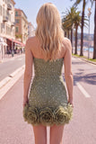 Strapless Blue Bodycon Pearls Homecoming Dress with 3D Flowers