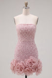 Strapless Blue Bodycon Pearls Homecoming Dress with 3D Flowers