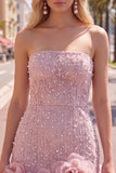 Strapless Blue Bodycon Pearls Homecoming Dress with 3D Flowers