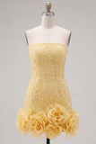 Strapless Blue Bodycon Pearls Homecoming Dress with 3D Flowers