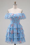 Off the Shoulder Blue A-Line Tiered Floral Homecoming Dress with Lace Up Back