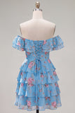 Off the Shoulder Blue A-Line Tiered Floral Homecoming Dress with Lace Up Back