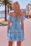 Off the Shoulder Blue A-Line Tiered Floral Homecoming Dress with Lace Up Back