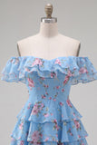 Off the Shoulder Blue A-Line Tiered Floral Homecoming Dress with Lace Up Back