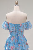 Off the Shoulder Blue A-Line Tiered Floral Homecoming Dress with Lace Up Back