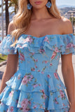 Off the Shoulder Blue A-Line Tiered Floral Homecoming Dress with Lace Up Back