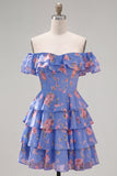 Off the Shoulder Blue A-Line Tiered Floral Homecoming Dress with Lace Up Back