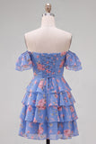 Off the Shoulder Blue A-Line Tiered Floral Homecoming Dress with Lace Up Back