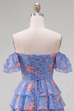 Off the Shoulder Blue A-Line Tiered Floral Homecoming Dress with Lace Up Back