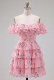 Off the Shoulder Blue A-Line Tiered Floral Homecoming Dress with Lace Up Back