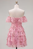 Off the Shoulder Blue A-Line Tiered Floral Homecoming Dress with Lace Up Back
