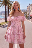 Off the Shoulder Blue A-Line Tiered Floral Homecoming Dress with Lace Up Back