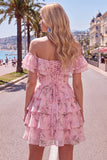 Off the Shoulder Blue A-Line Tiered Floral Homecoming Dress with Lace Up Back