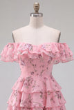 Off the Shoulder Blue A-Line Tiered Floral Homecoming Dress with Lace Up Back