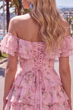 Off the Shoulder Blue A-Line Tiered Floral Homecoming Dress with Lace Up Back