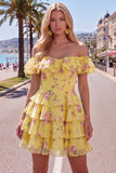 Off the Shoulder Blue A-Line Tiered Floral Homecoming Dress with Lace Up Back