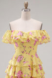 Off the Shoulder Blue A-Line Tiered Floral Homecoming Dress with Lace Up Back