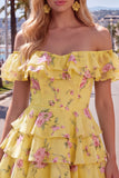 Off the Shoulder Blue A-Line Tiered Floral Homecoming Dress with Lace Up Back