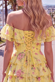Off the Shoulder Blue A-Line Tiered Floral Homecoming Dress with Lace Up Back