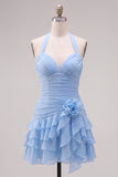 Blue Halter Bodycon Tiered Ruched Homecoming Dress with 3D Flower