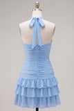Blue Halter Bodycon Tiered Ruched Homecoming Dress with 3D Flower