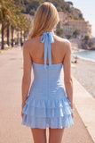 Blue Halter Bodycon Tiered Ruched Homecoming Dress with 3D Flower