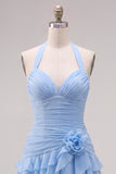 Blue Halter Bodycon Tiered Ruched Homecoming Dress with 3D Flower