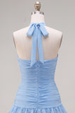 Blue Halter Bodycon Tiered Ruched Homecoming Dress with 3D Flower