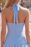 Blue Halter Bodycon Tiered Ruched Homecoming Dress with 3D Flower