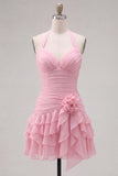 Blue Halter Bodycon Tiered Ruched Homecoming Dress with 3D Flower