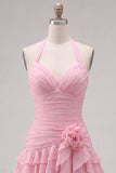 Blue Halter Bodycon Tiered Ruched Homecoming Dress with 3D Flower