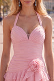 Blue Halter Bodycon Tiered Ruched Homecoming Dress with 3D Flower