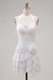 Blue Halter Bodycon Tiered Ruched Homecoming Dress with 3D Flower