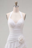 Blue Halter Bodycon Tiered Ruched Homecoming Dress with 3D Flower