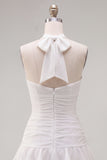 Blue Halter Bodycon Tiered Ruched Homecoming Dress with 3D Flower