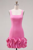 Fuchsia Square Neck Bodycon Short Homecoming Dress with Ruffles