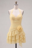 Blue Halter Bodycon Tiered Ruched Homecoming Dress with 3D Flower