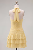 Blue Halter Bodycon Tiered Ruched Homecoming Dress with 3D Flower