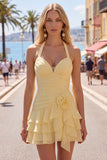 Blue Halter Bodycon Tiered Ruched Homecoming Dress with 3D Flower